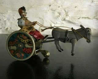 Antique Lehmann Balky Mule Clown Cart German Tin Wind - Up Toy