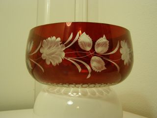 Antique Gorgeous Bohemian Ruby Red Cut To Clear Crystal Bowl Centerpiece