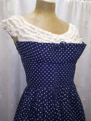Vintage 1950 ' s Blue White Polka Dot Cotton & Lace Dress Size Small 2