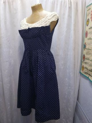 Vintage 1950 ' s Blue White Polka Dot Cotton & Lace Dress Size Small 3