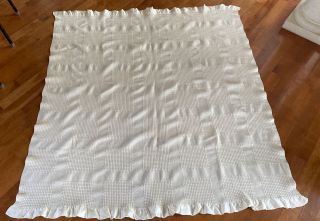 Vintage Faribo 100 Wool Blanket Satin Trim Ivory 66’x 72” Basketweave Pattern
