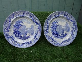 Pair: Early 19thc Minton Blue & White Plate With Boat On Lake Decor C1830