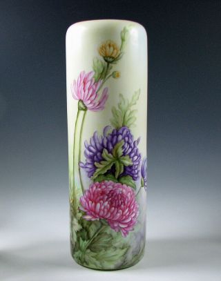 Tall Antique Hand Painted Vienna Austria Porcelain Vase With Flowers Artist Sign