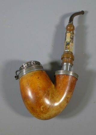 Large Antique 19th C.  Silver Mounted Carved Meerschaum Pipe Mop & Abalone Stem