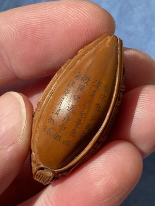 19th C Antique Chinese Fruit Pit Nut Boat Hediao Carving With Engraved Poem