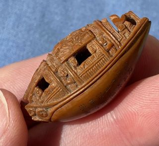 19th C ANTIQUE CHINESE FRUIT PIT NUT BOAT HEDIAO CARVING WITH ENGRAVED POEM 2