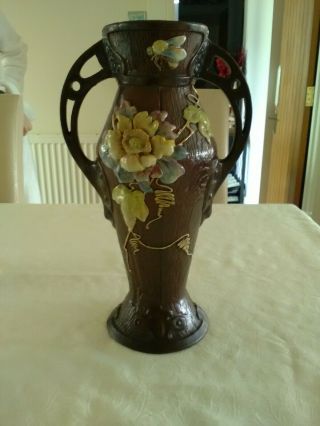 Antique Bretby 1470e Twin Handled Vase With Dragonfly & Bee Design Rare Model.