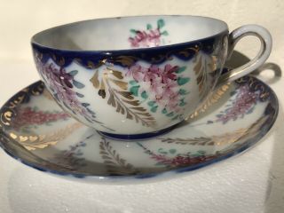 Antique Flow Blue Hand Paint Wisteria Flowers Raised Pistils Tea Cup Saucer Set