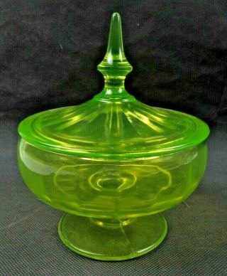 Antique Uranium Green Vaseline Glass Covered Candy Dish Bonbonniere Pop Art Deco