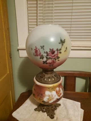 Antique Victorian Gwtw Banquet Oil Lamp,  Hand Painted Roses