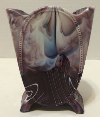 Vintage Antique Purple & White Swirl Slag Glass Footed Vase 5 1/8 " Tall
