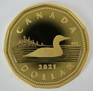 Canada 2021 $1 Gold Plated 99.  99 Proof Silver Loonie Heavy Cameo Coin