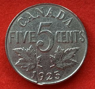Canada 1925 5 Cents Five Cent Nickel Coin - Key Date - Low Mintage
