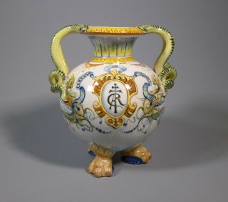 Fine Antique Cantagalli Italian Maiolica Snake Handle Art Pottery Pot Vase