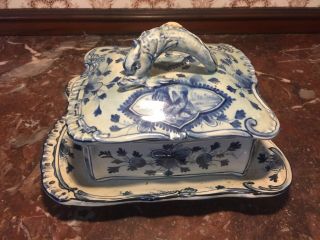 Antique Flow Blue Delft Porcelain Sardine Box Dish Figural Dolphin Fish Rooster