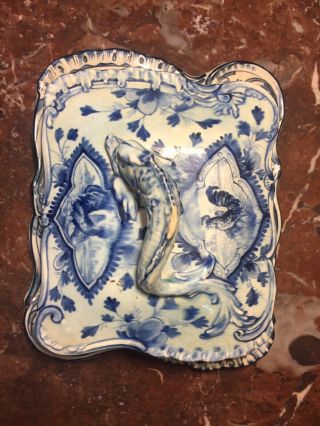 Antique Flow Blue Delft Porcelain Sardine Box Dish Figural Dolphin Fish Rooster 3