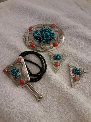 Antique Solid Sterling Silver Turquoise And Coral Belt Buckle Set With Bola Tie