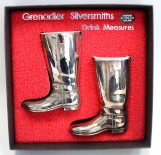 Vintage Grenadier Silver Plate Pr Riding Boot Drink Measures Boxed - B86