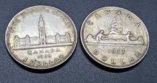 1937 & 1939 Canadian Silver $1 Dollar Coins