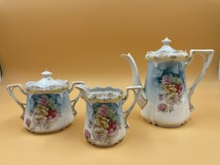 Antique R S Prussia Roses Floral Teapot,  Covered Sugar & Creamer 3 Piece Set