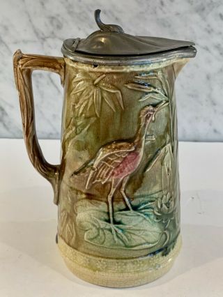Antique Majolica Stork Crane Water Lily Pewter Lid Pitcher 8.  5 " 19th Century