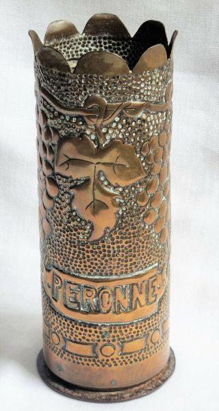 Antique Wwi Trench Art Shell Case Vase Peronne 1919 Cast Iron & Brass
