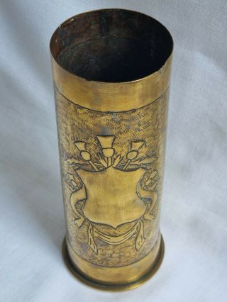 Antique Wwi Trench Art Shell Case Vase Scottish Thistles & Vines Decoration