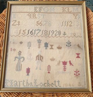 Antique Victorian Sampler Embroidery Sample 1846 Hand Stitched Fabric Framed