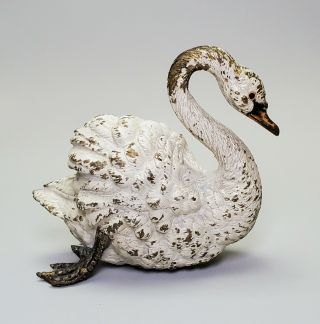 Antique 19th C.  Vienna Cold Painted Bronze Figure Of A White Swan - Large Size