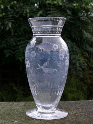 Antique Art Deco English Stourbridge Webb Glass Hand Engraved Vase Birds Flowers