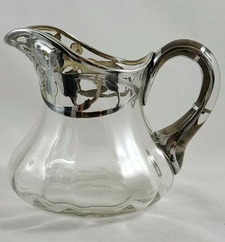 Sterling Silver Overlay Antique Hand - Blown Glass Pitcher