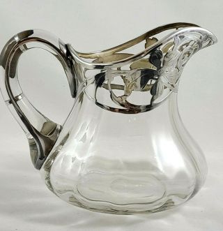 STERLING SILVER OVERLAY ANTIQUE HAND - BLOWN GLASS PITCHER 3