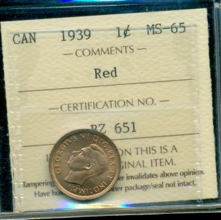 1939 Canada King George Vi One Cent Iccs Ms - 65 Red