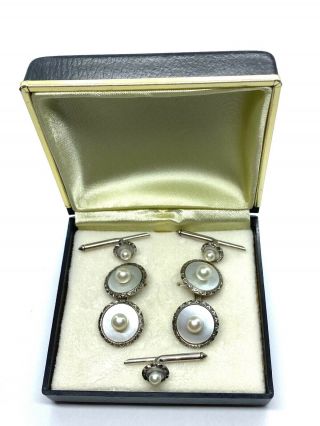 Antique Sterling Silver Mother Of Pearl & Pearl Cufflinks Shirt Stud Button Set