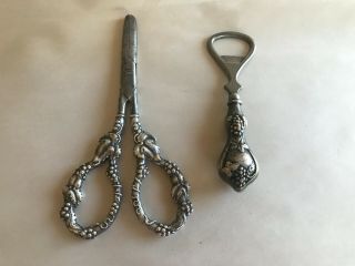 Antique American Sterling Silver Handle Grape Shears Scissors & Bottom Opener