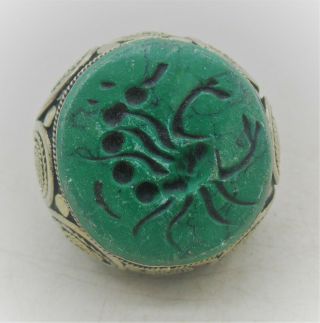 Post Medieval Islamic Ottoman Silver Seal Ring With Green Stone