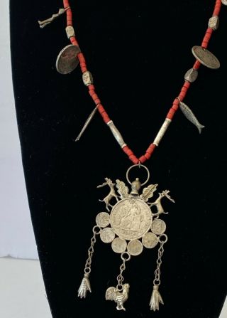 Antique Guatemalan Chachal Silver Coin And Red Coral Necklace