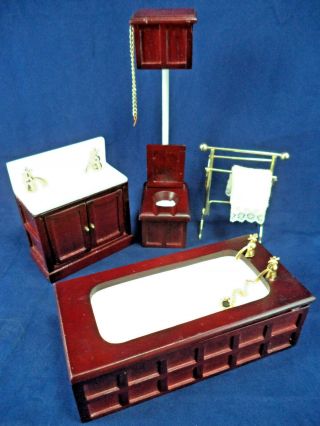 Dolls House Period - Style Bathroom Suite Mahogany Bath Sink Wc Towel Rail 1:12