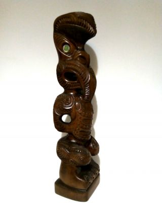 Rotorau Zealand Maori Carved Wood Tiki Figure Shell Eyes 16 "