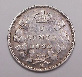1890h Five Cents Silver Vf,  Better Date Victoria Canada 5¢