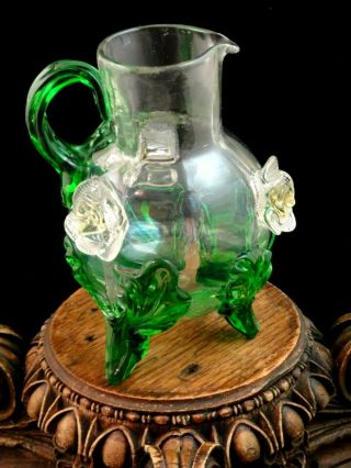 Antique Bohemian Applied Green Acanthus & Flower Art Glass Jug Harrach / Loetz