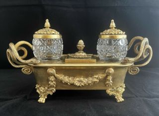 Antique French Style Ornate Brass Cut Glass Crystal Double Inkwell