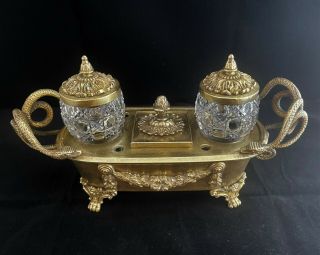 ANTIQUE FRENCH STYLE ORNATE BRASS CUT GLASS CRYSTAL DOUBLE INKWELL 2