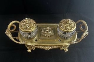 ANTIQUE FRENCH STYLE ORNATE BRASS CUT GLASS CRYSTAL DOUBLE INKWELL 3
