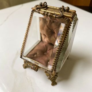 Antique French Ormolu Jewelry Casket Box Beveled Glass Pocket Watch Case Tufted