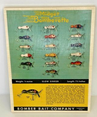 1952 Midget Bomberette Old Fishing Lure Chart On Wood Print Ad Bomber Bait Co