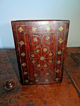 Antique 19th Century Brass Inlaid Oak Colonial Trinket Box With Demi - Lune Drawer