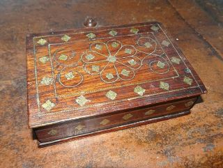Antique 19th Century Brass Inlaid Oak Colonial Trinket Box with Demi - Lune Drawer 2