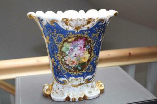 Antique Continental Vase With Hand Painted Floral Panels Shell And Scroll Rim
