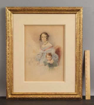 1850s Antique 1850s Watercolor Painting,  Mother & Son,  Guido Carved Gilt Frame